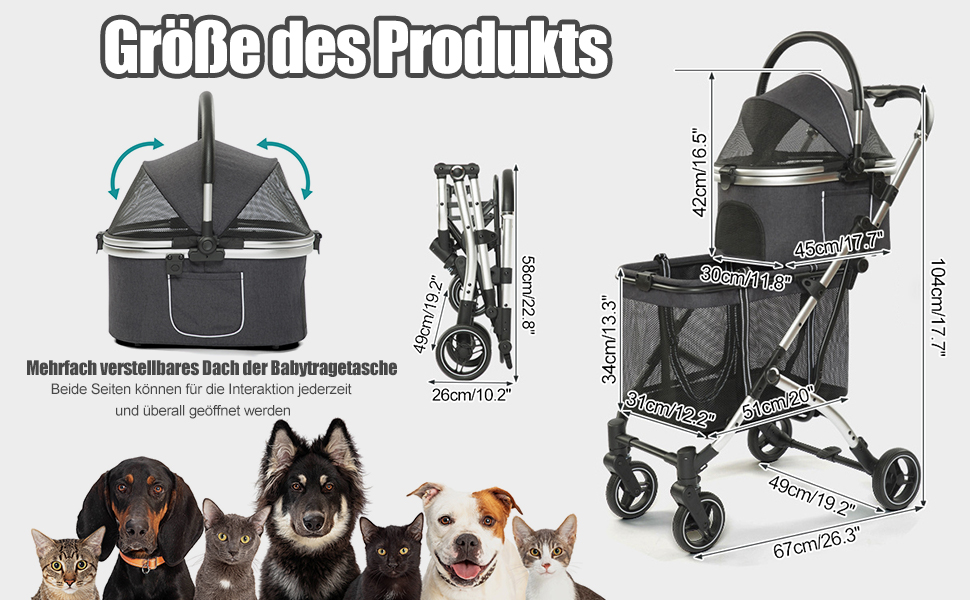 Візок для собак 3-в-1 до 24 кг, складний, для маленьких собак та котів, візок-кіндерваген для собак