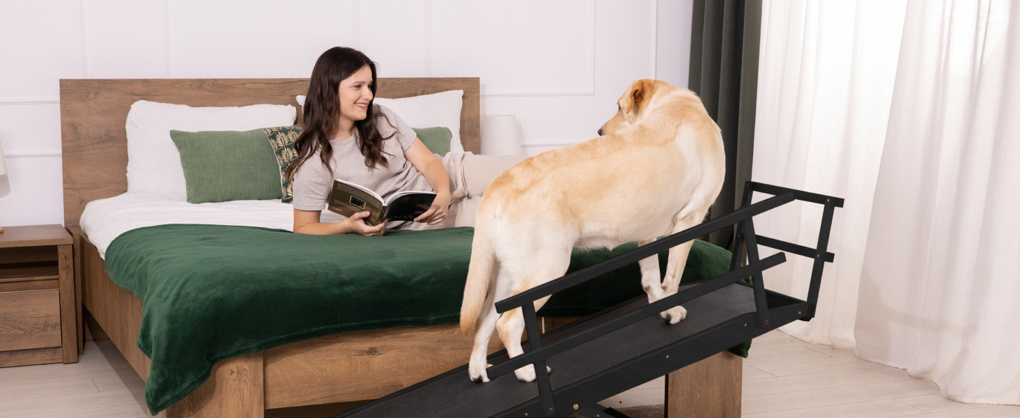 Східці для собак до ліжка з захисним бар'єром - для великих собак до 90 кг - регульована висота до 94.5 см - ширина 49.5 см - складані - антиковзні ручки - береза - натуральний колір (чорний)