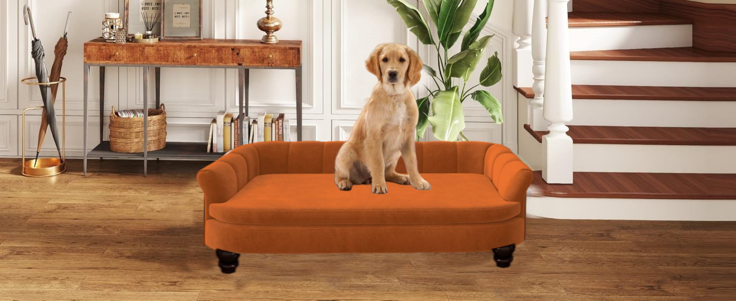 Диванчик для собак SEYNAR: м'який, з велюровою подушкою, для великих та середніх собак, для вітальні, миється, оранжевий
