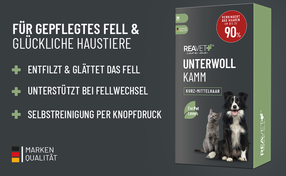 Гребінець для підшерстка ReaVET для собак та котів з короткою шерстю, середніх порід | Видаляє підшерсток, доглядає за верхнім шаром | з кнопкою самоочищення | ідеальний для сезонного линяння