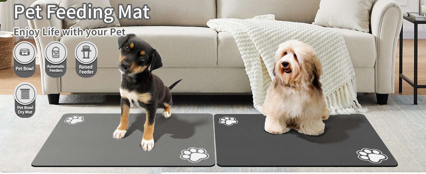Підстилка для годівлі домашніх тварин – вбираюча підкладка під миски для їжі та води, стійка до плям, швидковисихаюча (темно-сірий, 2 лапки, 44.5 x 71 см)