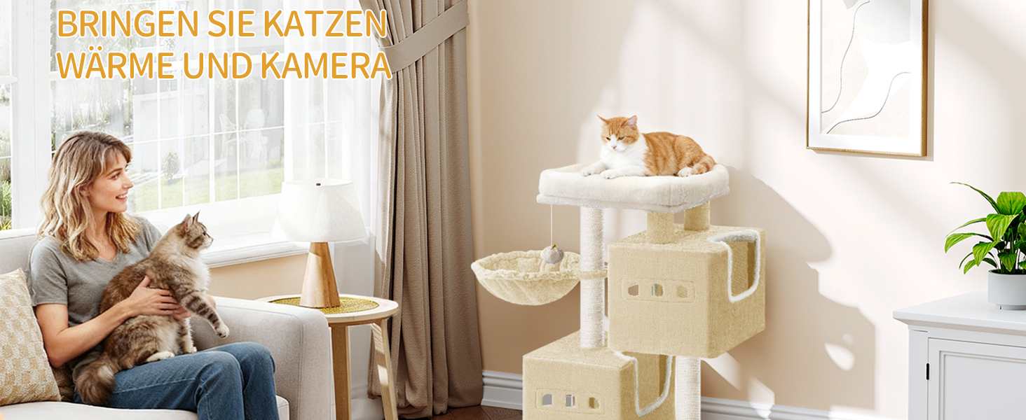 Дерево для кігтів Hzuaneri Kratzbaum 75 см, стійкий, з великою лежанкою, гrottoм, сизалевими стовпами, кошиком та іграшками, меблі для котів, MS07618LG (55 x 30 x 75 см, бежевий)