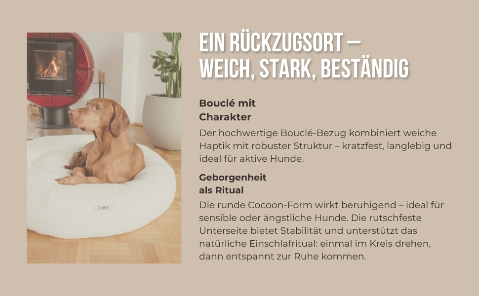 Крісло-лежанка для собак Holly Hundebett: міцний, зручний, з м'якої тканини Bouclé, Cocoon Design, підтримка шиї та хребта (S/M, кремовий)