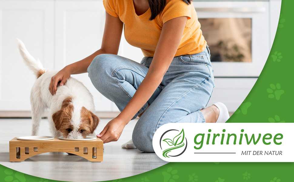 Миска для котів та тварин Giriniwee з бамбукового каркасу, 2 керамічні миски по 400 мл, піднята подвійна миска для кошенят, собак