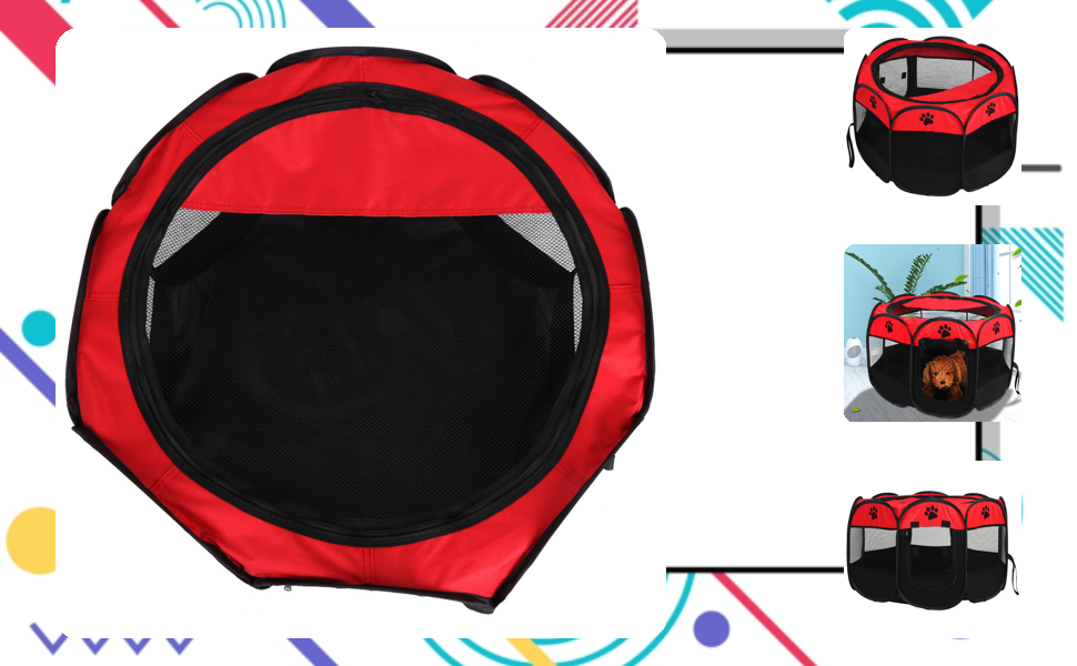 Складане зоо-намет для тварин на 8 панелей з бічною сіткою – вольєр для вигулу домашніх тварин з дверцятами на блискавці для використання в приміщенні та на вулиці, для подорожей, кемпінгу 68 x 45 см (Червоний)