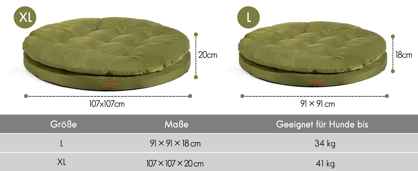 Ортопедичне ліжко для собак ClevaHome, кругла форма, водонепроникне, з двошаровою підкладкою, антиковзаюче, знімний чохол, оливковий колір, розмір L