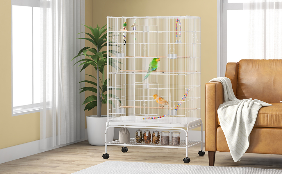Клітка для птахів PawHut велика з підставкою, іграшками, колесами, аксесуарами та полицею для канарек, сніжків, нерозлучників та попугаїв - біла, 79 x 49 x 133 см
