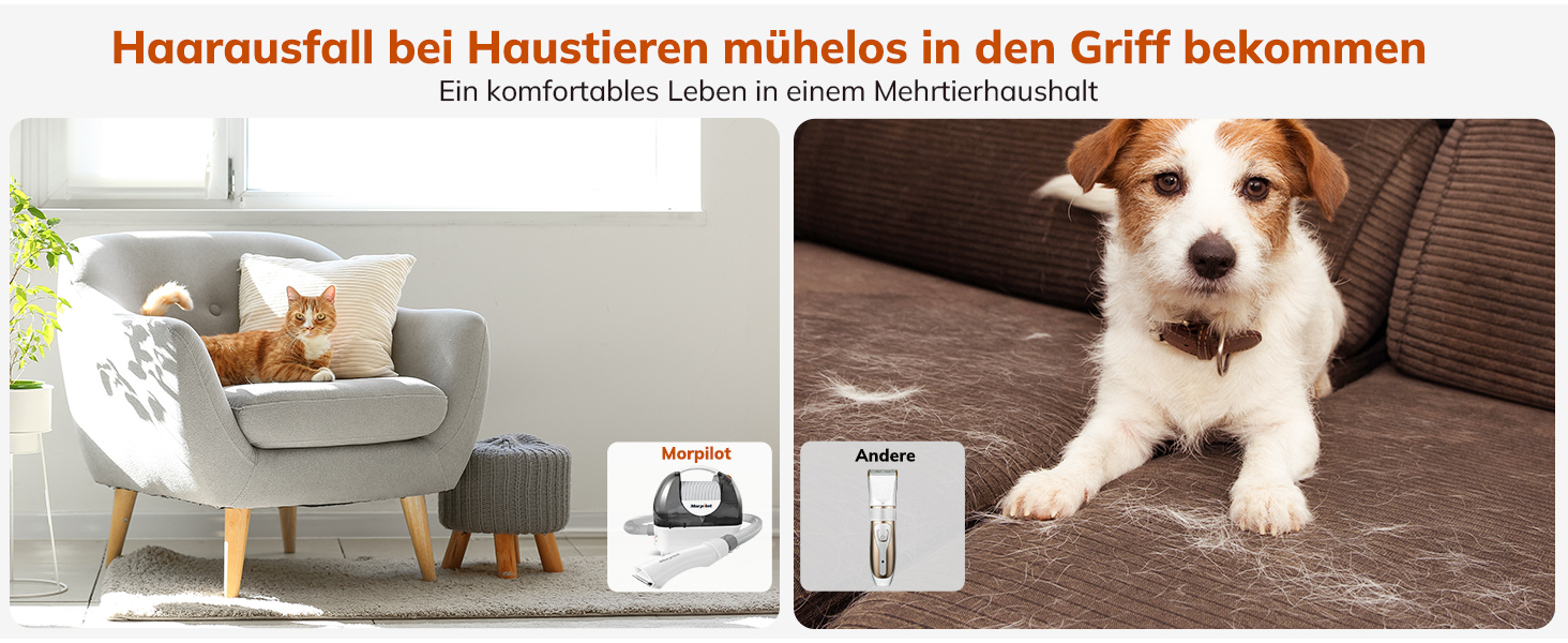 Електрична машинка для стрижки собак з пилососом Morpilot, 12000Pa, білий колір, з насадкою-щіткою, контейнер для шерсті 3L