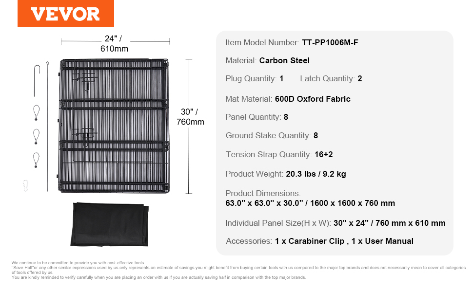 Лягувачка для собак VEVOR, 8 панелей, 76 см x 61 см, металева, складна, з дверцятами та килимком, для собак, котів та інших дрібних тварин