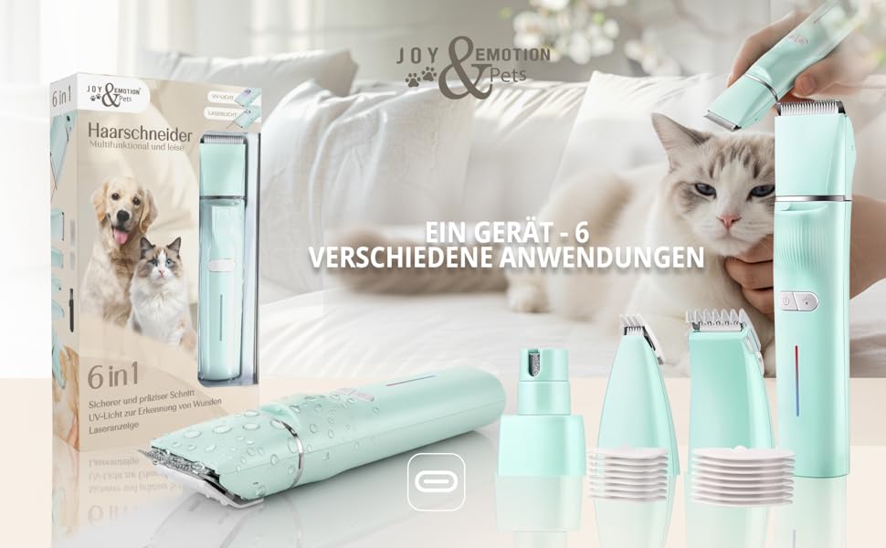 Машинка для стрижки собак та котів JOY & EMOTION® 6-в-1 з лазером та УФ-світлом | Бездротова машинка для грумінгу тварин | Тиха машинка для стрижки кігтів