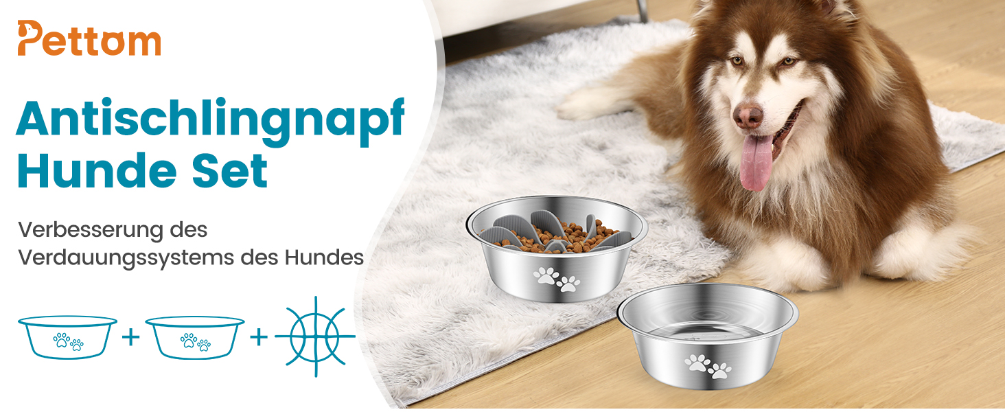 PETTOM 2 шт. миски для собак з нержавіючої сталі з вставкою протиковтання, 2-в-1 миска протиковтання для собак, годівниця для собак 1560 мл з неслизьким силіконовим дном, миска протиковтання для собак великих та середніх порід Ø21 см - 2 миски та 1 вставка