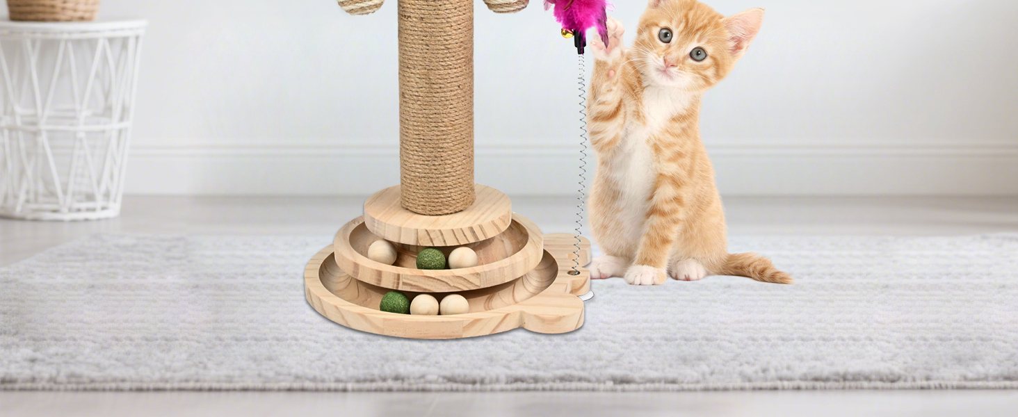 Іграшка для котів TSKDKIT: інтерактивний кігтеточки з кулями, пір'ям та м'ячами, 45 см, 2-ярусний обертовий столик, для маленьких/середніх котів