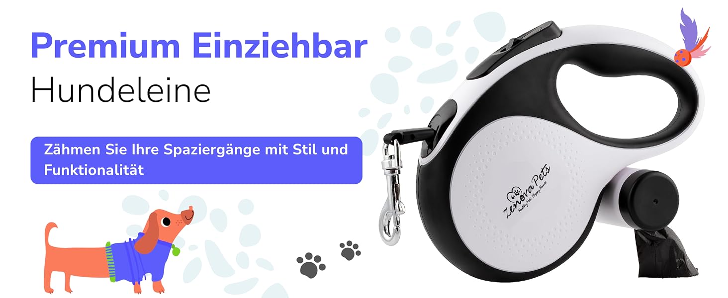 Рулетка для собак Zenova Pets 5м з тримачем для відходів, нейлоновий поводок 360°, антиковзний руків'я та кнопка швидкого гальмування. Підходить для собак великих, середніх та малих порід до 30 кг