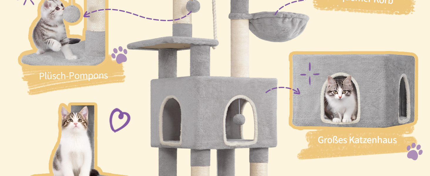 Когтедрашка для котів Hzuaneri, 149 см, з 5 когтеточками, платформами, будиночком, помпонами, сірого кольору MS14918LG