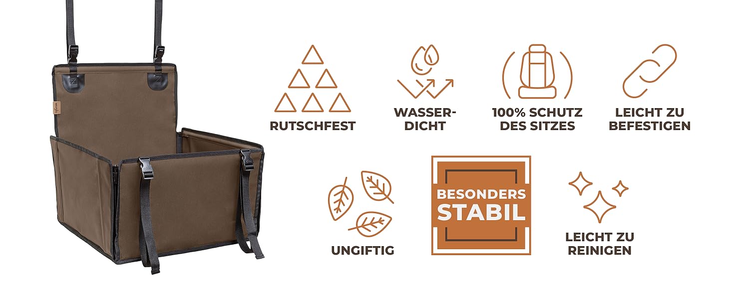 Автомобільний сидіння для собак WUGLO Extra Stable - посилене, для маленьких та середніх собак, 4 ремені, водонепроникне, коричневе