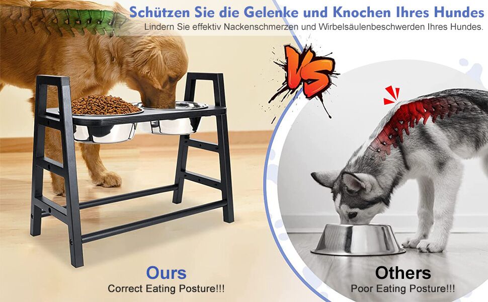 Підставка для годівлі собак з регулюванням висоти, дерев'яна, з двома мисками з нержавіючої сталі, нахил 15°, регулювання по висоті в 3 положеннях