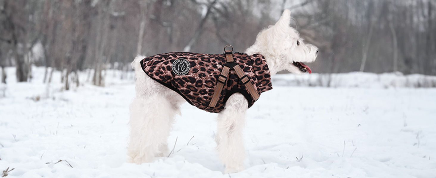 Водонепроникна куртка для собак на зиму з інтегрованим шлейкою та блискавкою. Теплий зимовий костюм для цуценят з леопардовим принтом, червоний (M)