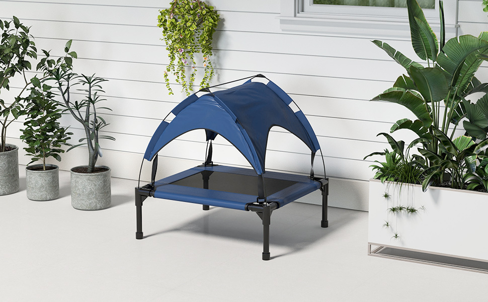 PawHut Підвищене собаче ліжко з балдахіном, ліжко для домашніх тварин, вулична лежанка для собак з дахом, дихаюча, для маленьких та середніх собак, Оксфорд, 76 x 61 x 69,5 см (76 x 61 x 70 см, Блакитний)