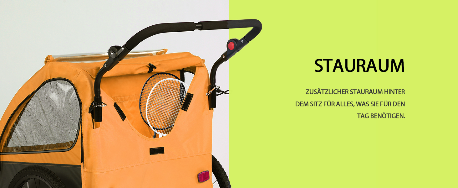 Дитячий велопричіп 2в1 з функцією коляски та бігуна, амортизація, регульована ручка-штовхач та гальма, для 1-2 дітей, до 40 кг (Помаранчевий)