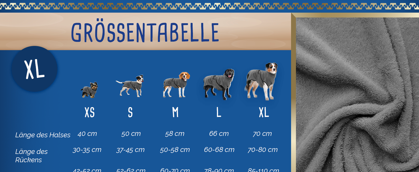 Рушник для собак Roya Dry – для собак середнього розміру (60-68 см) – мікрофібра – швидковисихаючий – сірий (XL)
