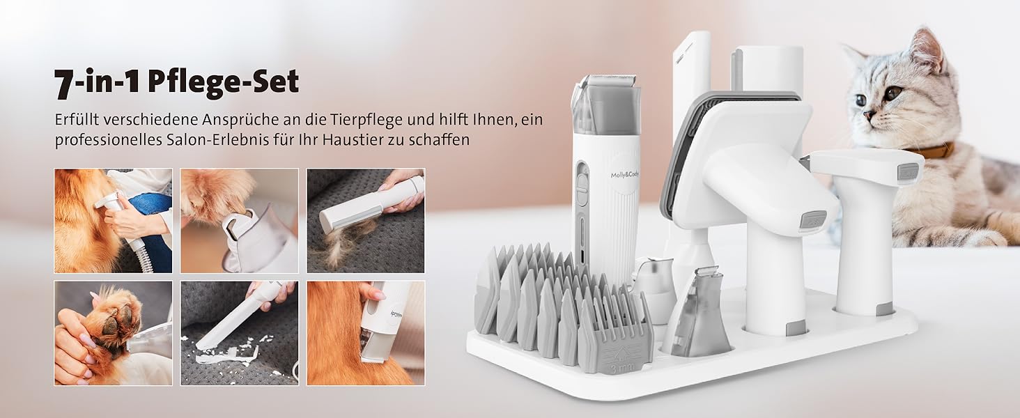 Набір для грумінгу тварин Molly&Cody SAMSON 7-в-1: машинка для стрижки, пилосос для шерсті, 6 насадок. Для собак та котів.