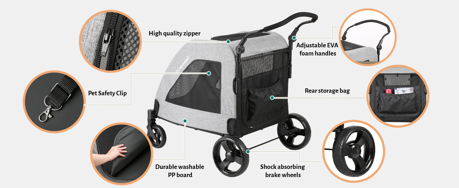 Візок для собак EchoSmile для середніх та великих собак до 70 кг, сірий, складний, з сітчастими віконцями та регульованою ручкою, 4 проходимі колеса