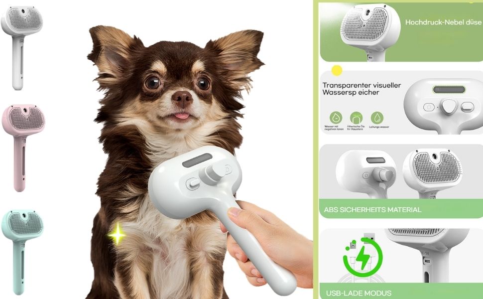 3-в-1 щітка для грумінгу тварин з парою та спреєм, для котів та інших домашніх улюбленців, видаляє відмерле волосся, самоочищення, вирівнювання (зелена)