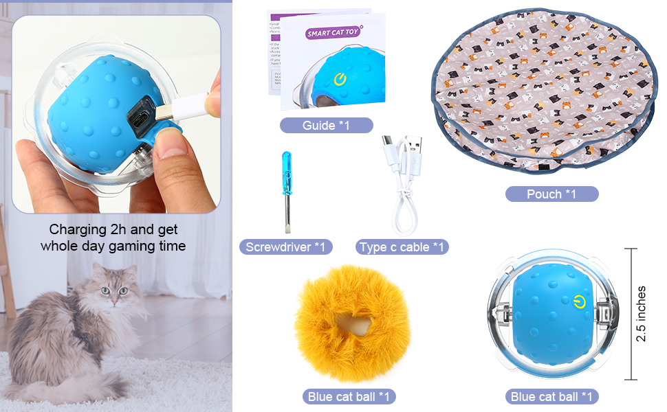 Інтерактивна іграшка для котів PUHOHUN: автоматичний м'ячик, що рухається, з функцією самостійної розваги. Безшумна, з активізацією руху та звуком. Blue