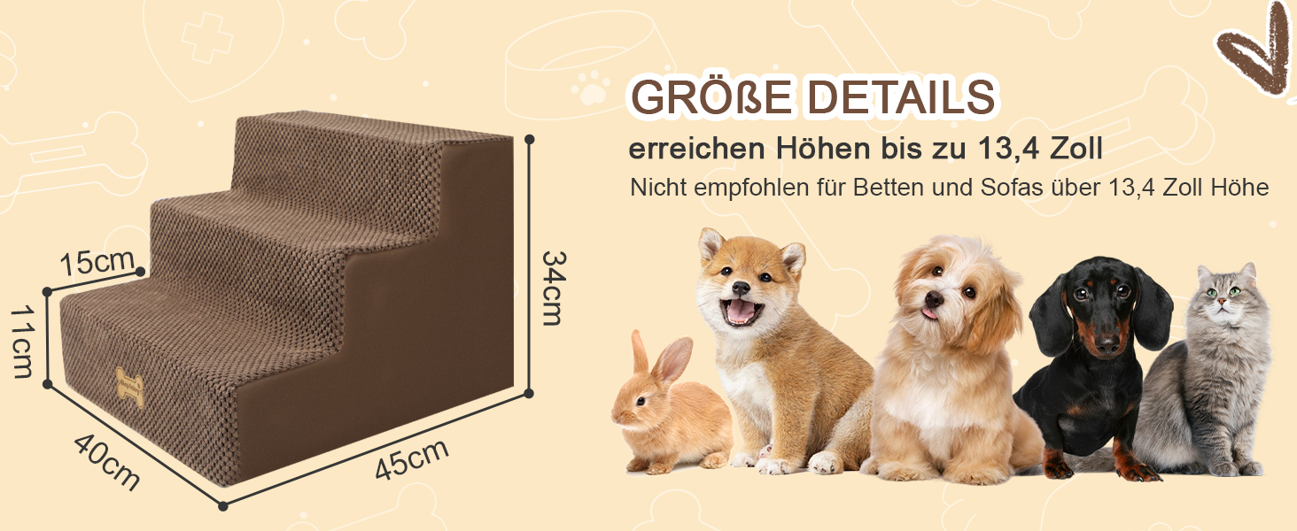 Сходинки для собак Непфайві: 3 сходинки, для маленьких собак, знімний чохол, антиковзаюча поверхня, 45x40x34 см, коричневий