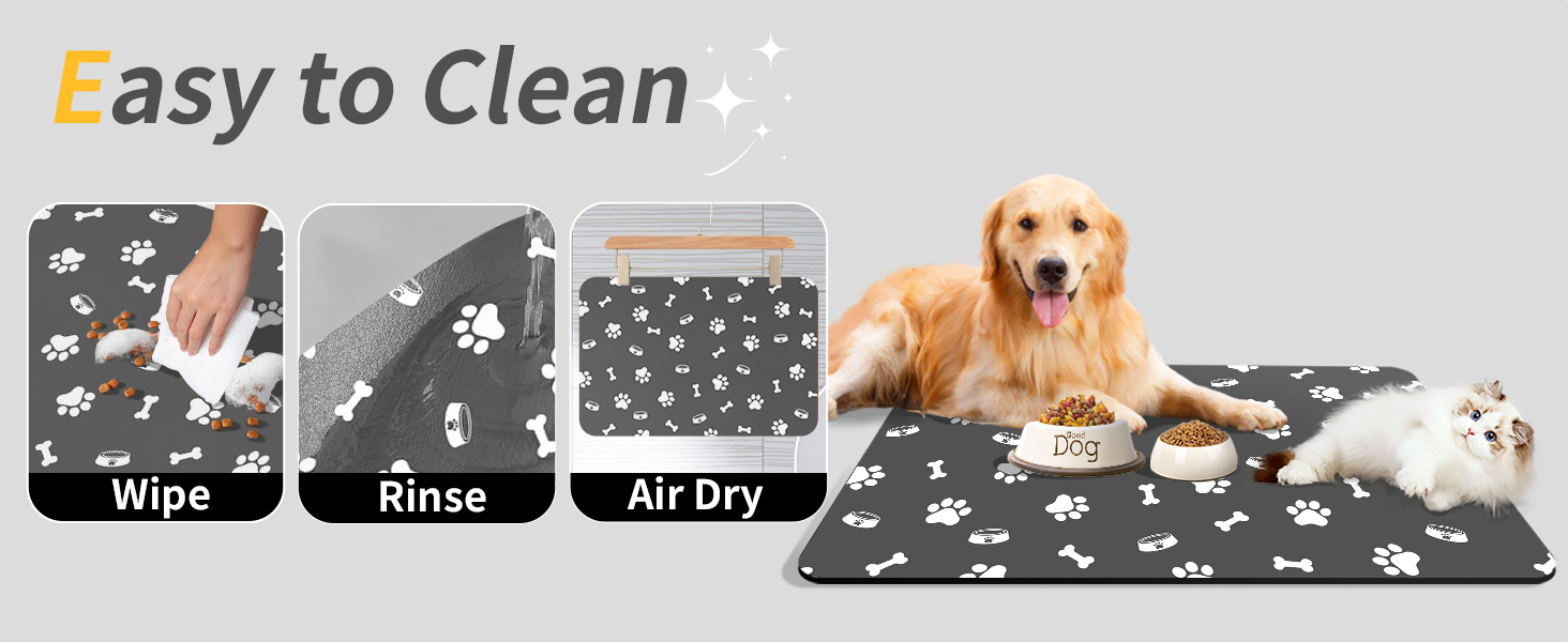 Підкладка для годівлі домашніх тварин – вбираюча підкладка під миски для їжі та води, без плям, швидковисихаюча (темно-сіра, з кількома лапами, 44.5 x 71 см)