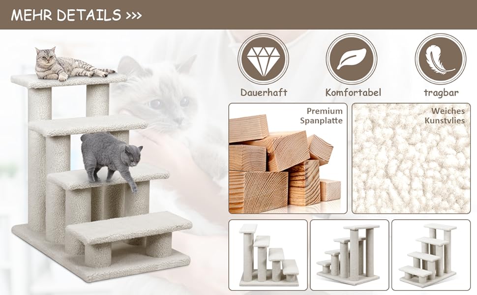 Котяча та собача драбинка COSTWAY, 4 сходинки, до 25 кг, 61x41x60 см, з ДСП і штучного флісу, бежевого кольору – сходи для тварин, ігровий комплекс