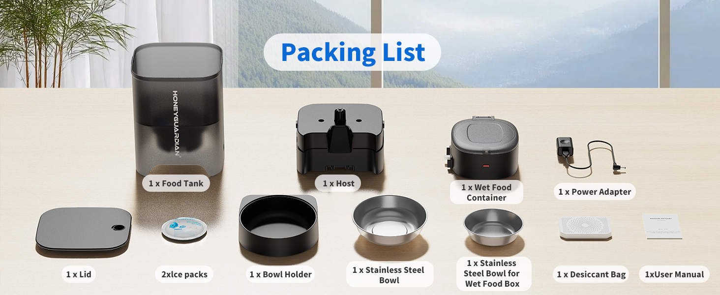 Автоматичний годівниця для котів HoneyGuaridan 2-в-1 з Wi-Fi, для сухого та вологого корму, з охолодженням та сухим мішечком, чорний