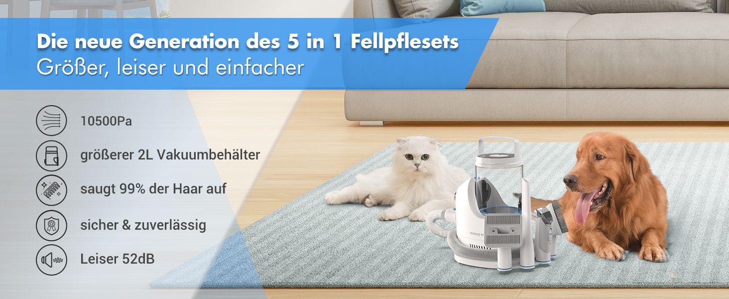 Машинка для стрижки собак Neakasa P2 Pro з пилососом, тиха, професійний набір для грумінгу домашніх тварин, 5 насадок для собак та котів, блакитна