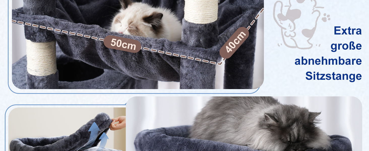 Великий котячий будиночок Kratzbaum GCT031W: 200 см, сірий, з платформами, гамаком та сизалевими стовпчиками для дому