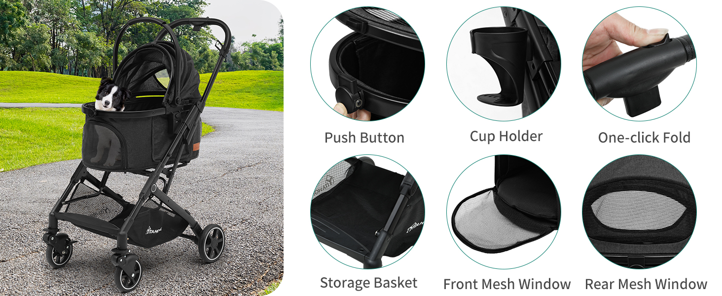 Візок для собак YITAHOME - чорний, для маленьких собак до 15.9 кг, 3-в-1, складаний, візок для котів та дітей