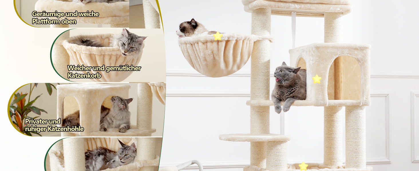 Великий котячий комплекс Hey-brother XXL для мейн-кунів, 168 см, з гамаком, сизалевими стовпами (φ11 см), кігтеточками, 2 платформами, будиночком, корзиною, бежевий EMPJ01M