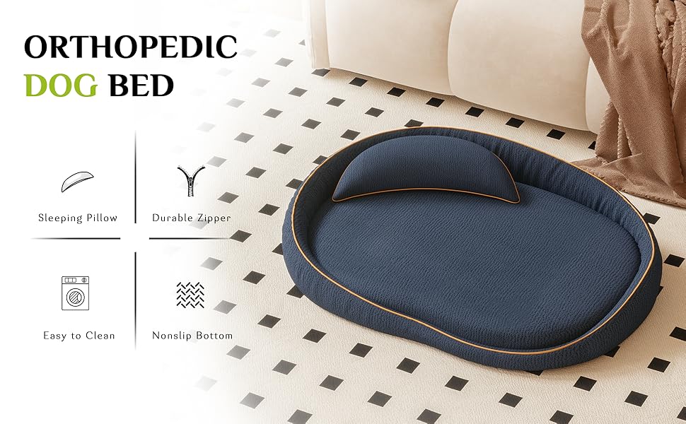 Ортопедичне собаче ліжко XXL з подушкою – комфортне собаче софа з Memory Foam, знімний та пральний чохол – ліжко для великих собак, довговічне та затишне (Blue)