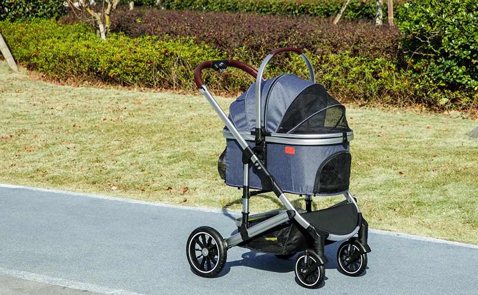 PawHut Візок для собак та котів 3-в-1, складаний, до 10 кг, з подушкою, сітковими віконцями, дверима та кошиком для зберігання (Блакитний)