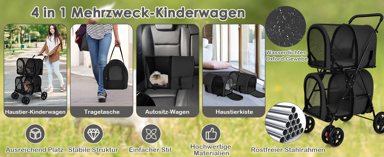 GYMAX Складаний візок для собак, буги для тварин з 2 знімними кишенями, візок для собак з передніми та задніми дверцятами, переноска для домашніх тварин з сітчастою тканиною та колесами з гальмами, переноска для собак та котів (Блакитний)