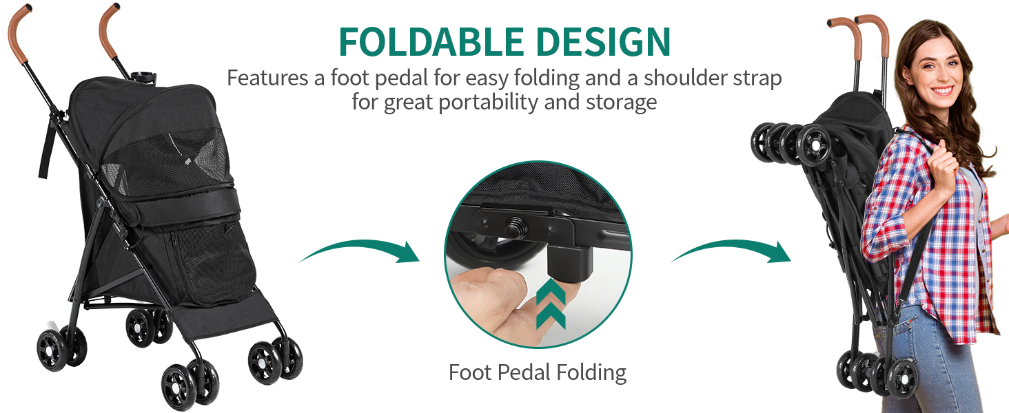 Візок для собак та котів YITAHOME Bis 11,3kg, чорний: складаний, з EVA-колесами, кошиком, сіткою, тримачем для напоїв