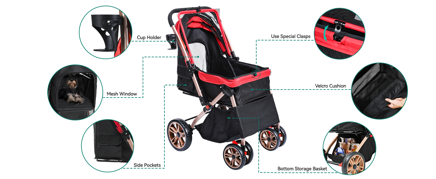 Візок для собак YITAHOME, червоний, для маленьких собак, з обертовим ручками, сітковими вікнами та гальмами