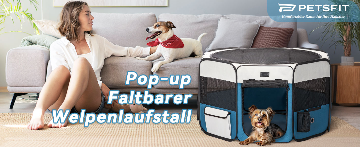 Клітка-вигул для собак та котів PETSFIT, розкладний вольєр для тварин, 75x68x42 см, сірий/блакитний