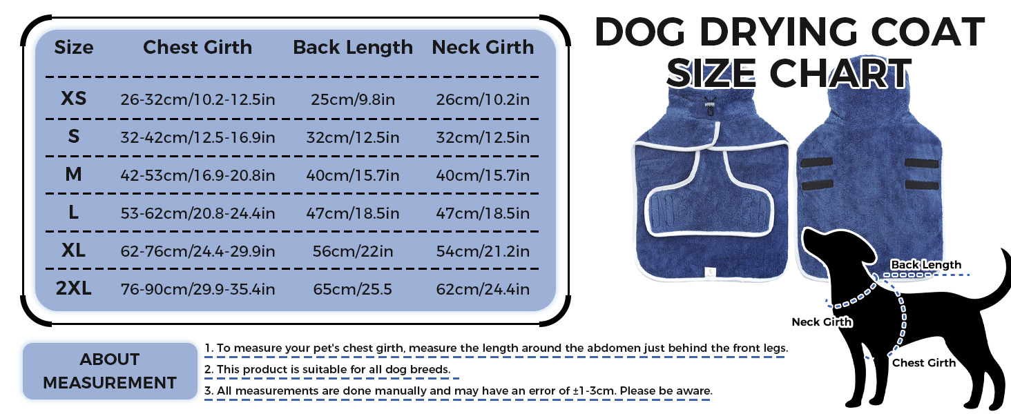 Рушник для собак, халат для собак, мікрофібра, великий, середній, малий, з клямками, блакитний