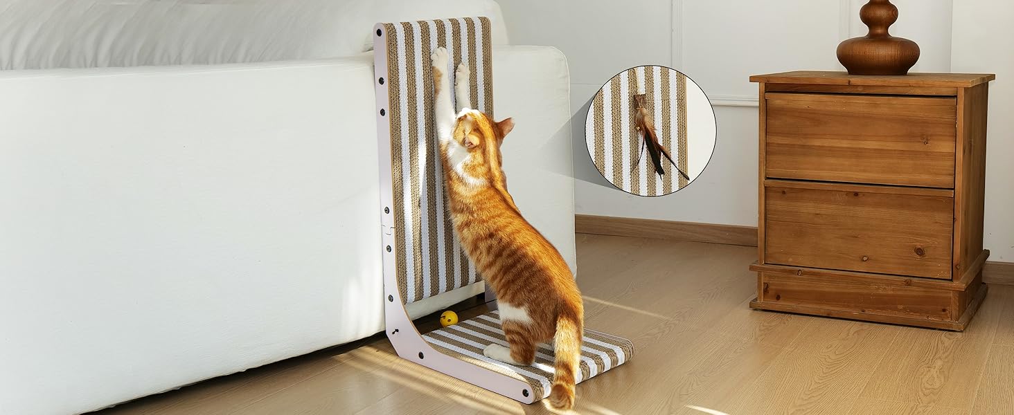 Котячий когтеточка FUKUMARU L-подібної форми, 68 см, з візерунком смуг, з іграшкою, для стіни та кута, з міцного картону