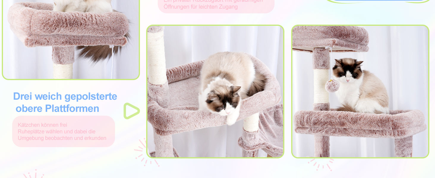 Котячий будиночок Hey-brother XXL для великих котів, 180 см. Стабільний котячий комплекс з 3 платформами, 3 великими печерами та 2 котячими будиночками, бежевий, EMPJ038MU