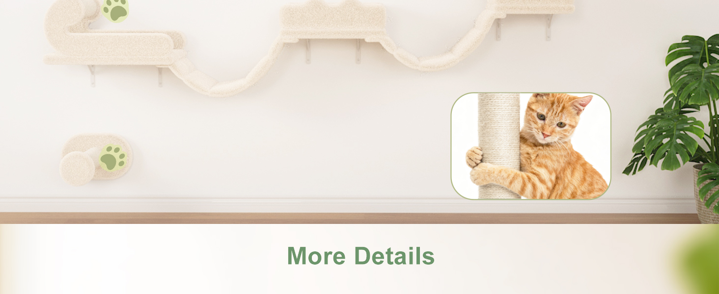 Комплекс для котів BYBYME з гамаком, ліжком та високими полицями для кількох котів, плюшевий лежак, когтеточка та стовпчики з сизалю, 6 шт., міцні меблі для лазіння (бежевий, 5 шт. з довгою перемичкою)