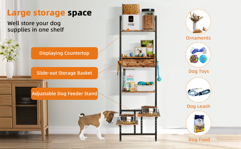 Підвищена годівниця для собак LitaiL з місцем для зберігання та двома антиковзними килимками, для великих собак, регульована висота, кріплення на стіну, колір вінтажний коричневий