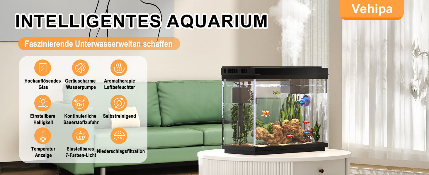 Акваріум Vehipa Nano 9L з інтелектуальним зволожувачем повітря, індикатором температури, склом UHD, 7-кольоровим підсвічуванням, 3-в-1 насосом з фільтрацією, подачею кисню та циркуляцією, чорний
