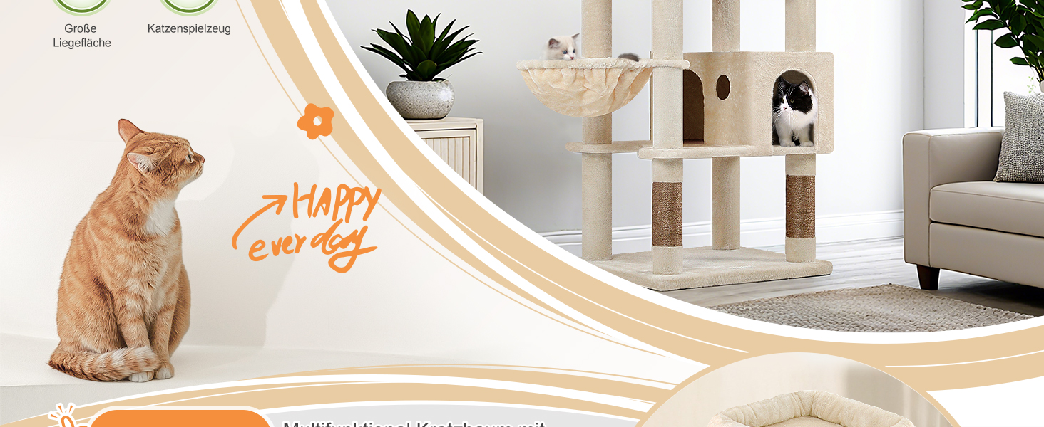 Драбина-будинок для котів Globlazer Beige XXL, 209 см: 3 стійкі лежанки, 2 будиночки, 2 кошики, велика платформа, іграшки для котів. Стабільна для 3-5 котів.