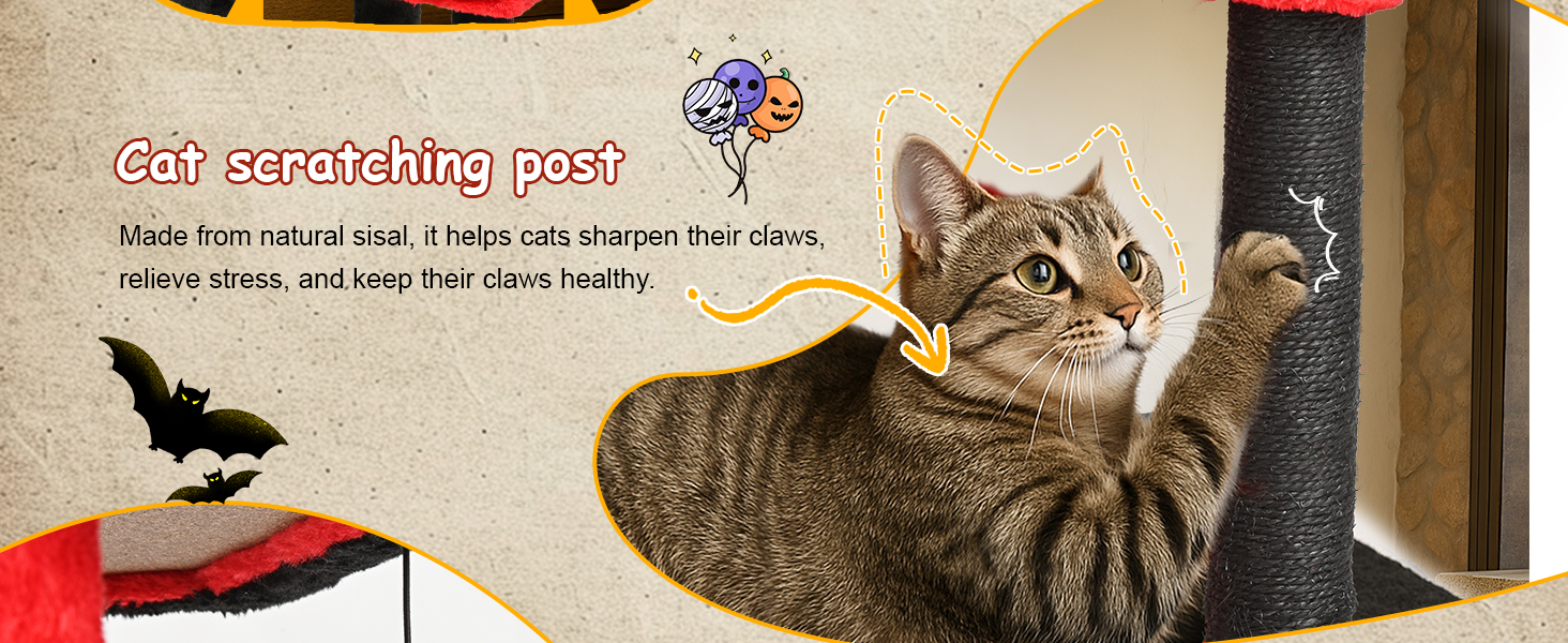 Котячий комплекс Gothic Halloween: стійка кімната з ліжком, будиночком та когтеточками, 84.5 см (Чорний/Червоний)